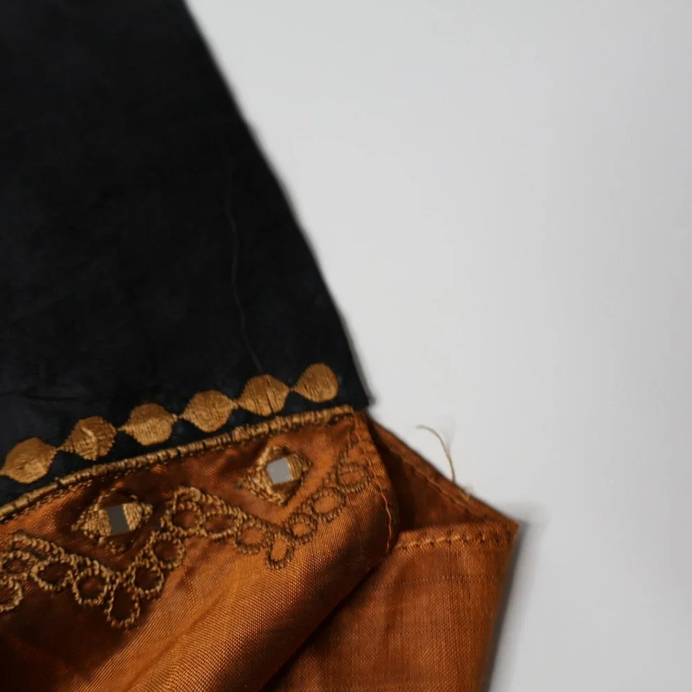 CRC India 100% Silk Scarf Rust‎ Black Gold Mirror Work Embroidered Artisan Wrap